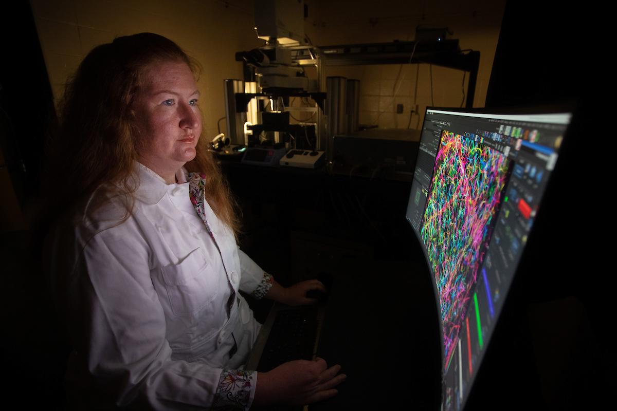 博士照片. 艾米·尼尔森看着电脑上的图形. 她是神经科学课程的导师.